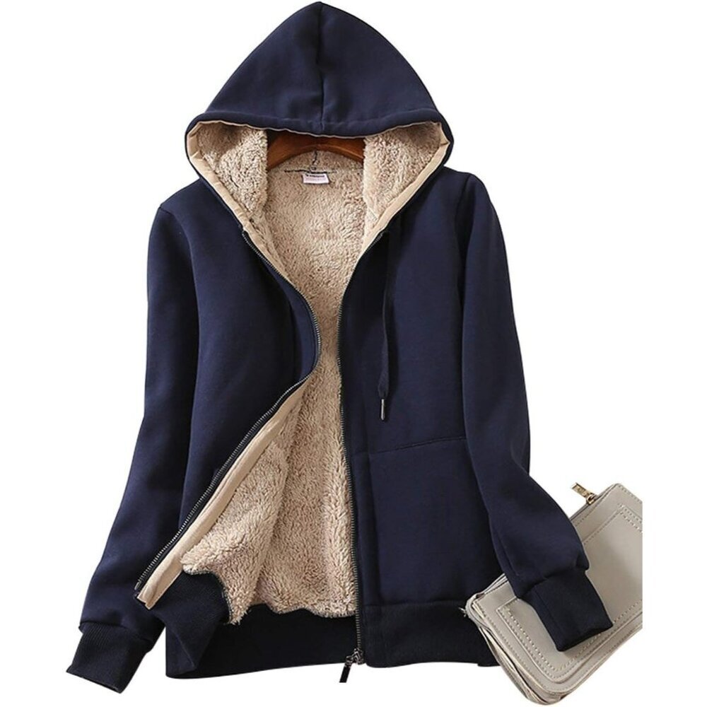 Women's Dark blue Casual Full Zip Up Sherpa Lined Hoodie Sweatshirt Jacket Coat